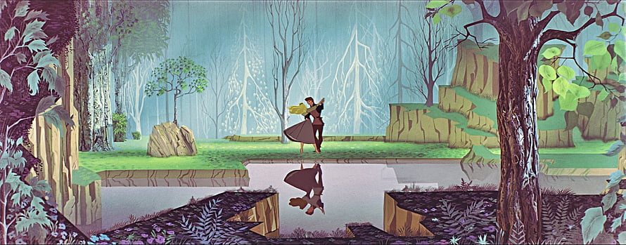 Sleeping Beauty Classic Animation Scene of a Couple Dancing in a Misty Forest Clearing HD wallpaper