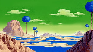 Dragon Ball Super Animated Landscape with Blue Trees and Rocky Coastline HD wallpaper