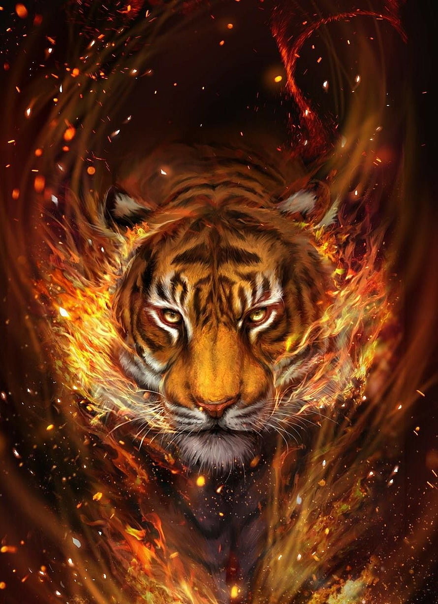 Majestic Tiger Head Enveloped in Swirling Flames and Glowing Embers HD phone wallpaper