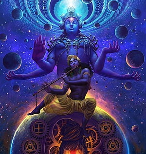 Lord Vishnu and Lord Krishna Cosmic Artwork with Planets and Sacred Symbols HD phone wallpaper
