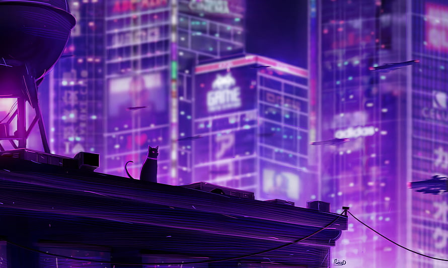 Cyberpunk Cat Silhouette on Rooftop Against Neon Purple City Skyline HD wallpaper