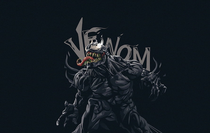 Venom Symbiote Character Illustration with Stylized Typography on Dark Background HD wallpaper
