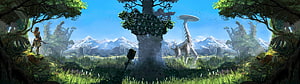 Horizon Zero Dawn Concept Art Featuring Aloy In A Lush Forest With Snow-Capped Mountains And A Tall Machine HD wallpaper
