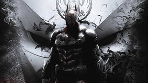 Grim and Blood-Stained Batman Standing Before a Massive Bat Symbol in a Dark, Monochromatic Scene HD wallpaper