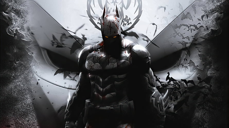 Grim and Blood-Stained Batman Standing Before a Massive Bat Symbol in a Dark, Monochromatic Scene HD wallpaper