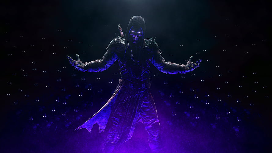 Noob Saibot from Mortal Kombat 11 in a dark purple-lit scene with glowing eyes and outstretched arms HD wallpaper