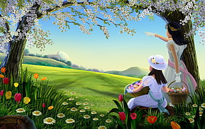 Two Girls with Easter Baskets Under a Blossoming Tree in a Spring Meadow HD wallpaper