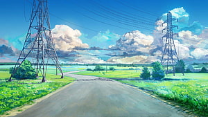 Everlasting Summer anime landscape with a winding country road, lush green fields, and towering power lines under a bright blue sky HD wallpaper