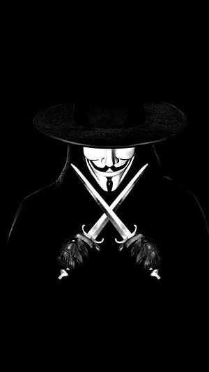 Anonymous Guy Fawkes Mask Figure Holding Crossed Daggers in Black and White HD phone wallpaper