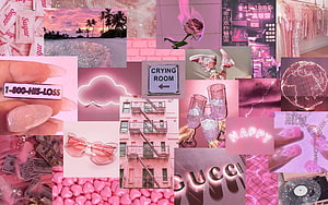 Pink Aesthetic Collage Featuring Neon Signs, Fashion Accessories, and Dreamy Scenery HD wallpaper