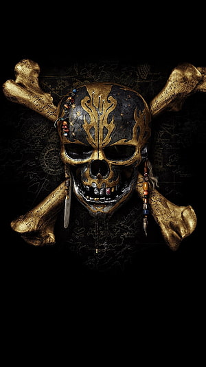 Ornate Golden Pirate Skull with Crossed Bones and Treasure Details HD phone wallpaper