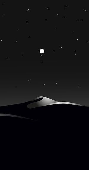 Minimalist Black Night Sky with Moon and Stars Over Silhouetted Hills HD phone wallpaper