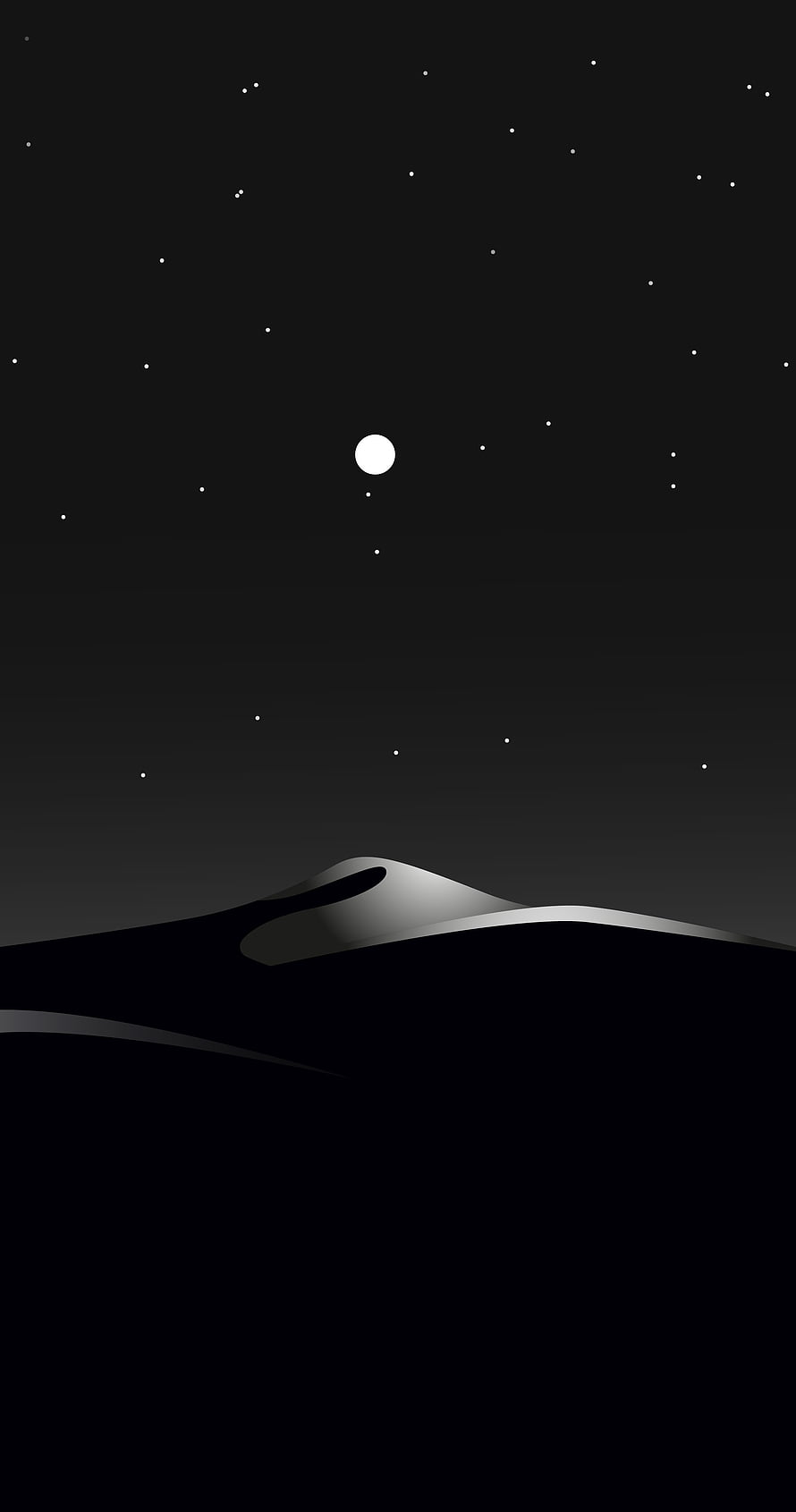 Minimalist Black Night Sky with Moon and Stars Over Silhouetted Hills HD phone wallpaper
