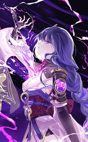Raiden Shogun from Genshin Impact wielding a glowing sword with purple energy effects HD phone wallpaper