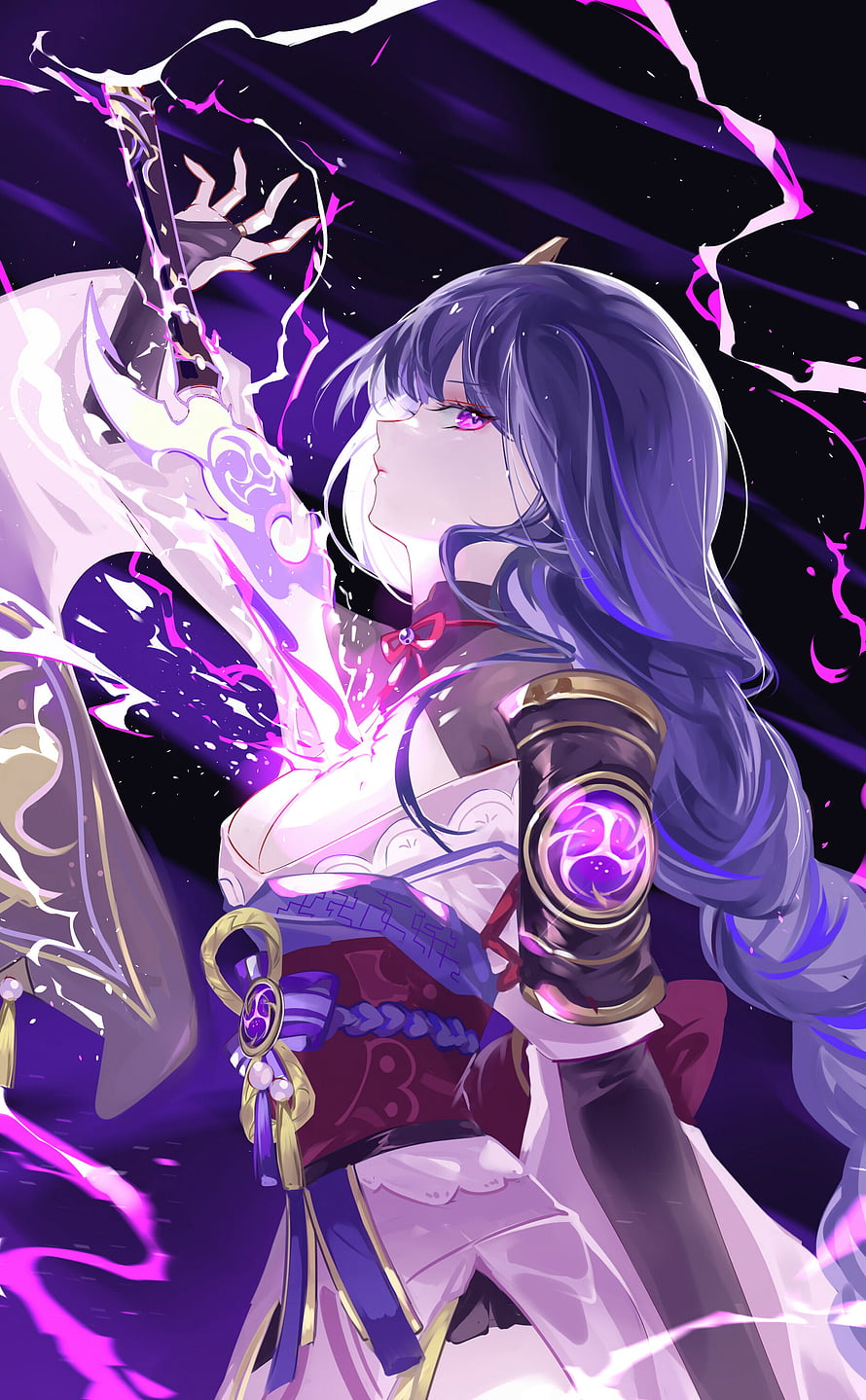 Raiden Shogun from Genshin Impact wielding a glowing sword with purple energy effects HD phone wallpaper