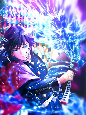 Giyu Tomioka from Demon Slayer Wielding Water Breathing Sword in Vibrant Blue Anime Art HD phone wallpaper