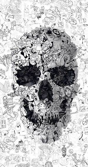 Intricate Black and White Doodle Skull Artwork with Densely Packed Cartoon Characters and Objects HD phone wallpaper