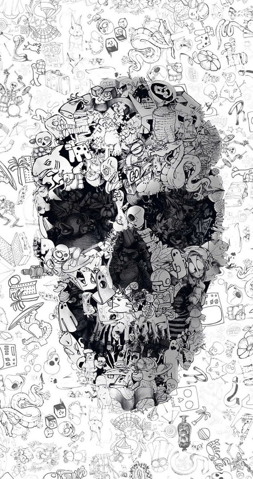 Intricate Black and White Doodle Skull Artwork with Densely Packed Cartoon Characters and Objects HD phone wallpaper