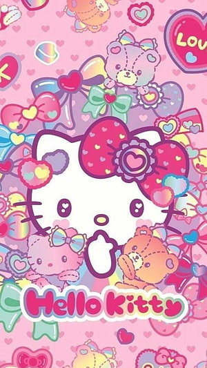 Cute Hello Kitty with Teddy Bears and Hearts on a Pastel Pink Background HD phone wallpaper