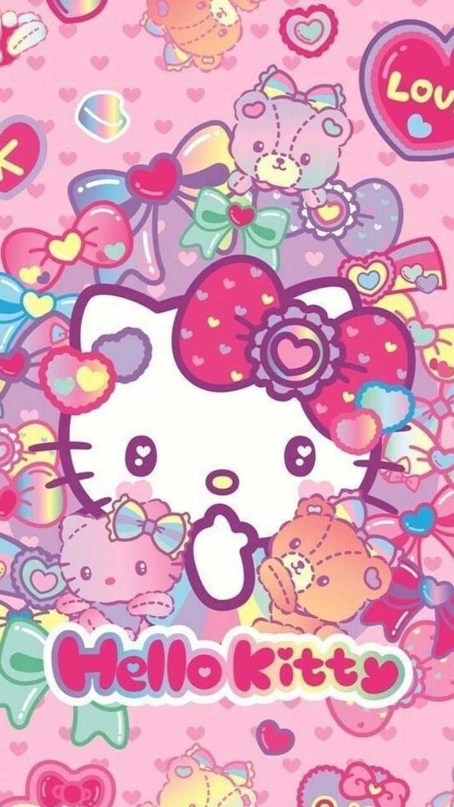 Cute Hello Kitty with Teddy Bears and Hearts on a Pastel Pink Background HD phone wallpaper