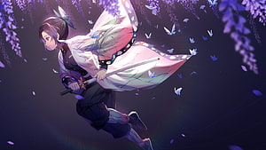 Demon Slayer Anime Character Leaping with Katana Under Wisteria Blossoms and Butterflies HD wallpaper