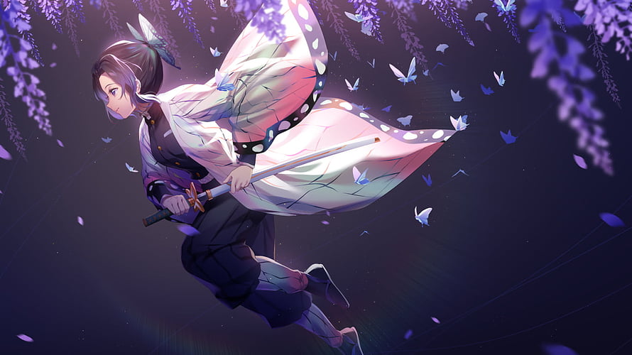 Demon Slayer Anime Character Leaping with Katana Under Wisteria Blossoms and Butterflies HD wallpaper