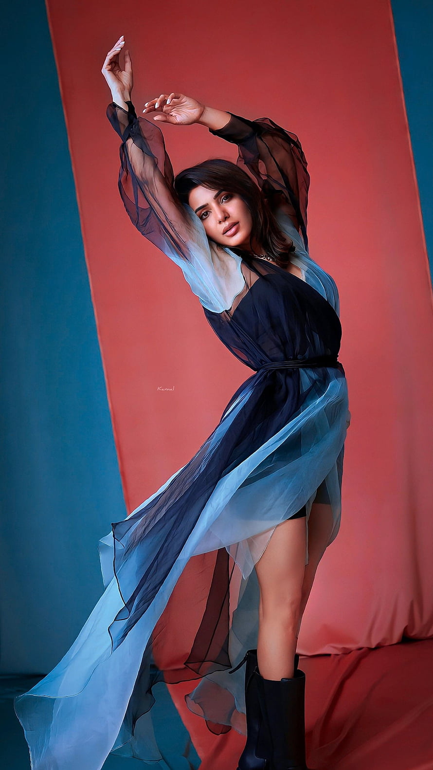 Samantha Akkineni in flowing sheer dress against bold red and teal studio backdrop HD phone wallpaper