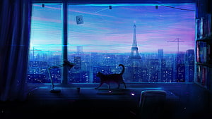 Cat Silhouette Gazing at Paris Cityscape at Night with Eiffel Tower HD wallpaper