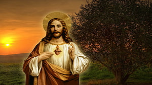 Sacred Portrait of Jesus Christ with Sacred Heart and Golden Halo at Sunset HD wallpaper