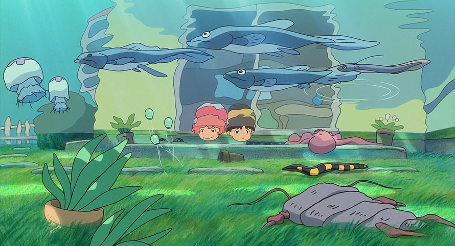 Ponyo and Sosuke Peeking Over a Garden Wall with Flying Fish and Underwater Creatures HD wallpaper