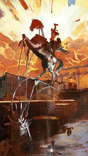 Disco Elysium Concept Art of a Dramatic Horse Statue in a Fiery Industrial Cityscape HD phone wallpaper