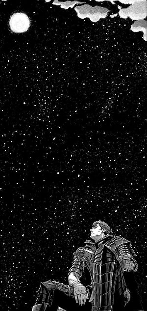 Guts from Berserk gazing at the starry night sky in black and white manga art HD phone wallpaper