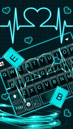 Neon Cyan Keyboard Theme with Heartbeat Pulse and Glowing Hearts on Dark Grid Background HD phone wallpaper