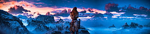 Horizon Zero Dawn Aloy Standing on Snowy Mountain Peak at Sunset HD wallpaper