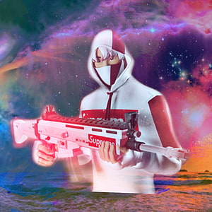 Fortnite Supreme Ikonik Skin Character Holding White Rifle Against Cosmic Nebula Background HD phone wallpaper