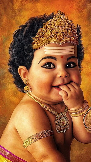 Adorable Baby Murugan Portrait Wearing Traditional Gold Crown and Jewelry HD phone wallpaper