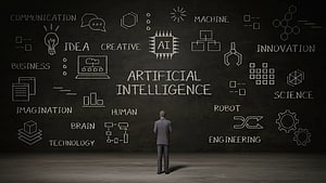 Man Standing Before Chalkboard with Artificial Intelligence Concepts and Diagrams, Artificial Intelligence, Artificial Intelligence Brain HD wallpaper