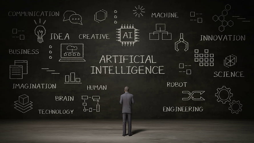 Man Standing Before Chalkboard with Artificial Intelligence Concepts and Diagrams, Artificial Intelligence, Artificial Intelligence Brain HD wallpaper