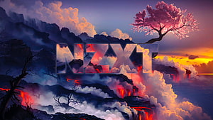 NZXT Logo Over Dramatic Volcanic Landscape with Cherry Blossom Tree and Fiery Sunset HD wallpaper