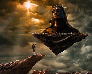 Lord Shiva on a Floating Rock Above a Devotee in a Dramatic Stormy Sky HD wallpaper
