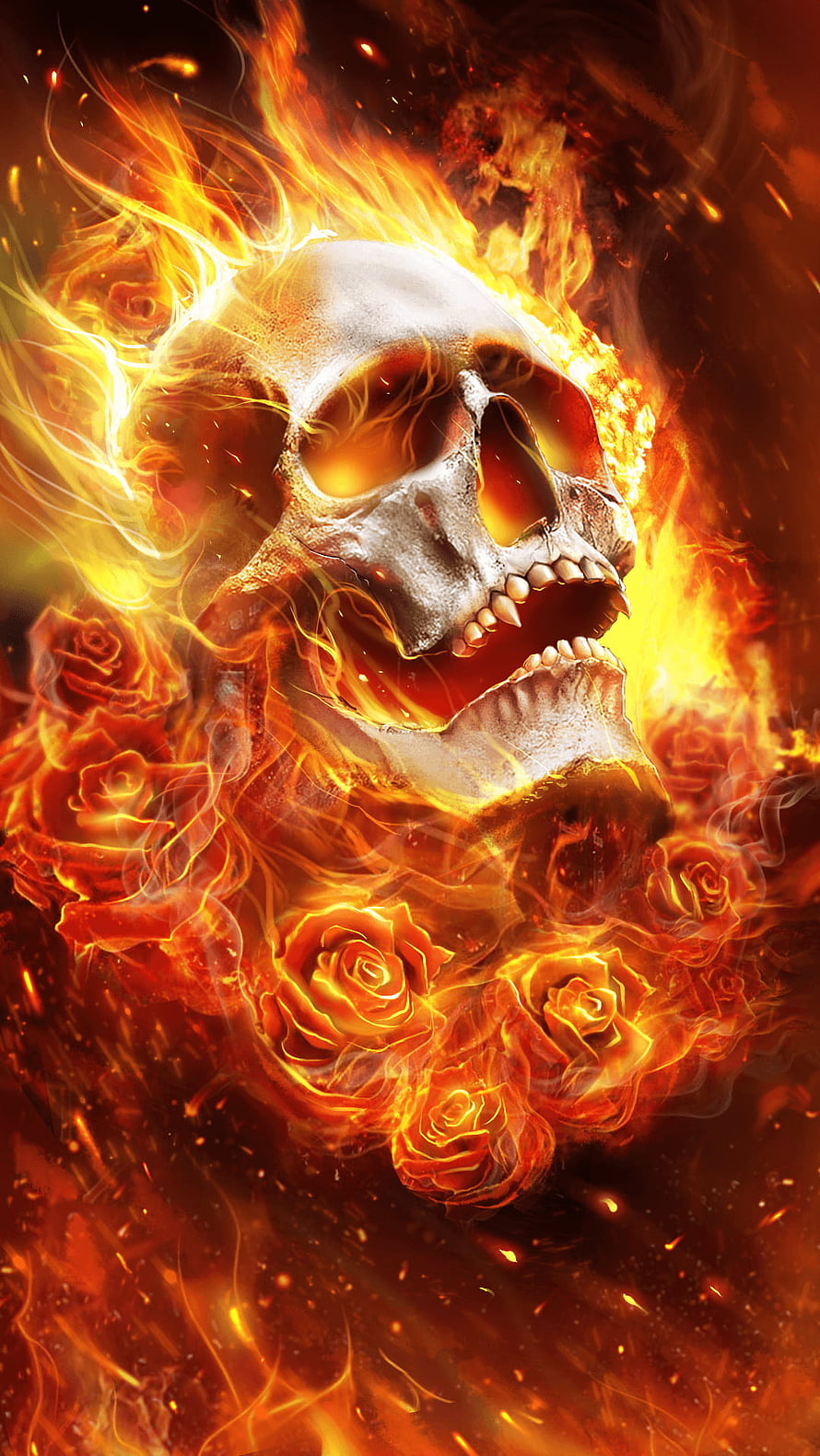 Flaming Human Skull with Burning Roses and Fiery Embers in Dark Fantasy Style HD phone wallpaper