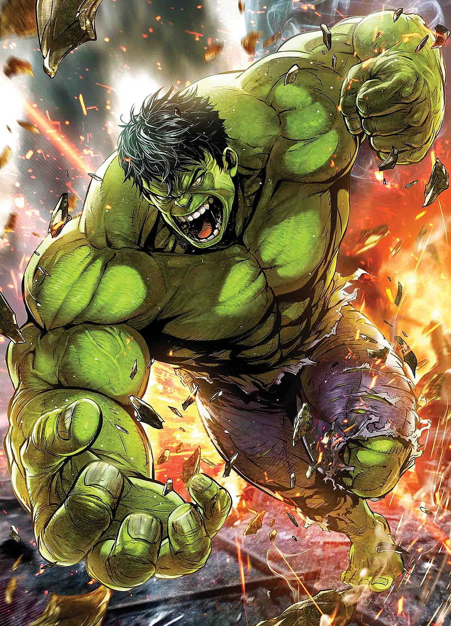 Immortal Hulk Comic Artwork: Fierce Green Giant Roaring Amidst Explosive Debris and Fire HD phone wallpaper