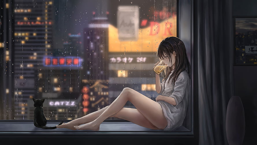 Anime Girl Drinking by Rainy Window with Black Cat Overlooking Night City HD wallpaper
