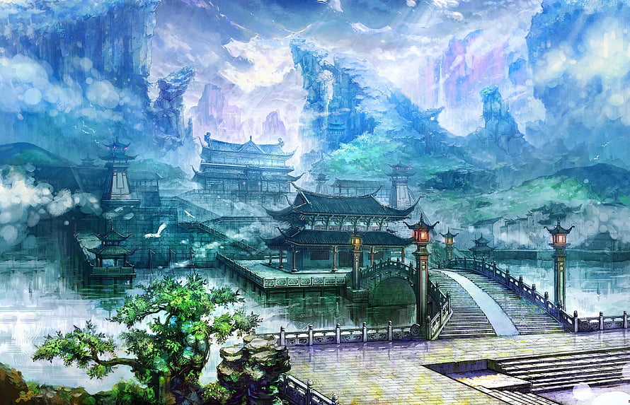 Mystical Xianxia Temple Complex Shrouded in Misty Mountains and Ethereal Light HD wallpaper