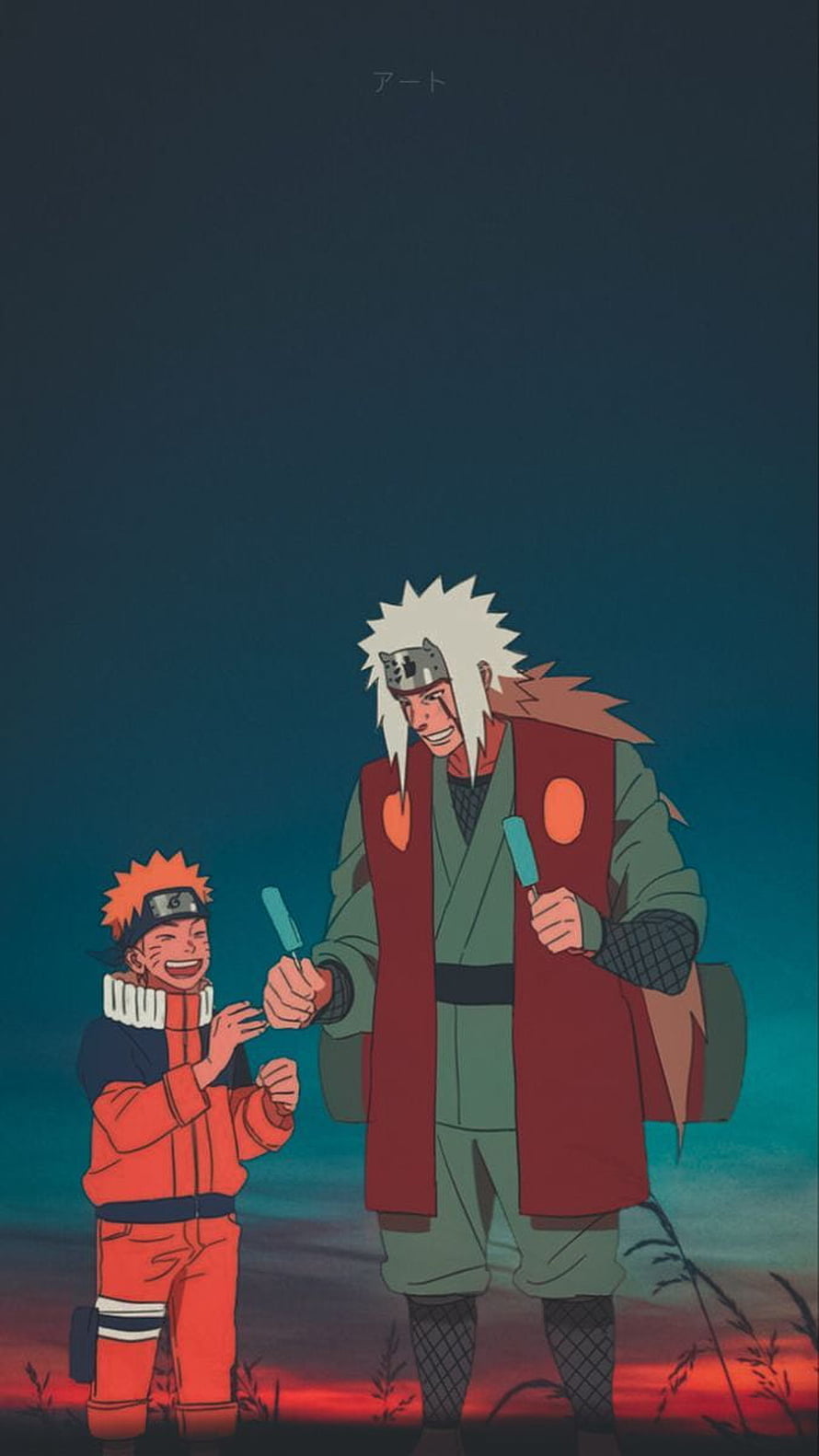 Naruto and Jiraiya Sharing Popsicles at Sunset in Naruto Shippuden Anime Art HD phone wallpaper