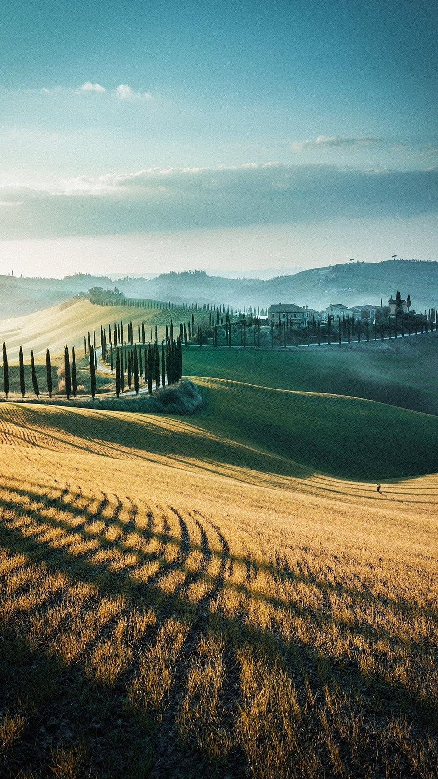 Golden Hour Tuscan Hills with Cypress Trees and Farmhouse in Misty Morning Light HD phone wallpaper