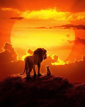 The Lion King 2019: Mufasa and Simba Silhouetted Against a Golden Sunset on Pride Rock HD phone wallpaper