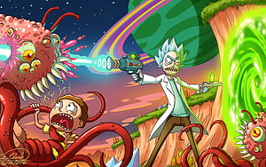 Rick and Morty Space Adventure with Alien Creatures and Portal HD wallpaper