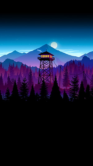 Firewatch Night Scene with Watchtower, Moonlit Mountains, and Purple Pine Forest HD phone wallpaper