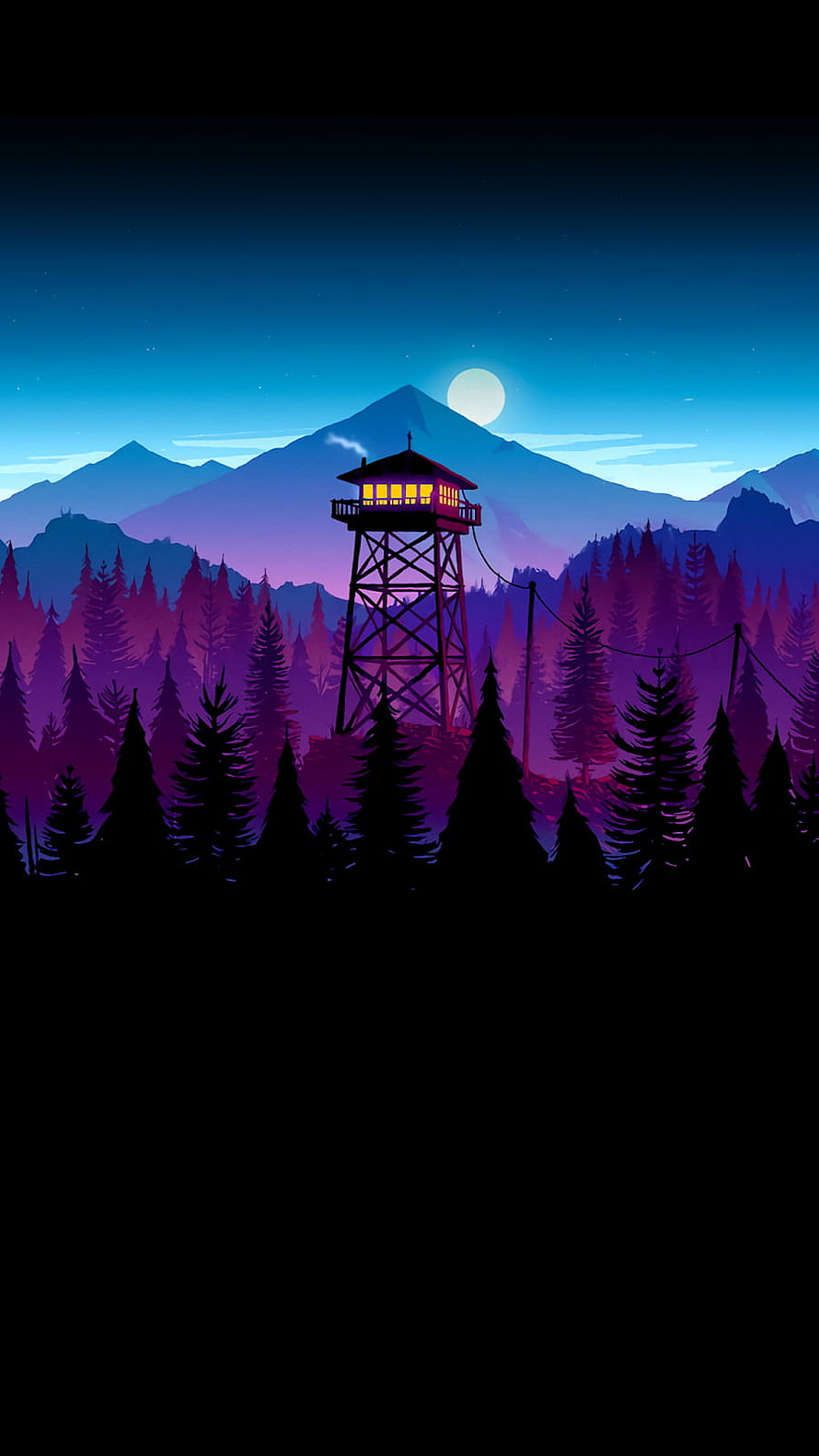 Firewatch Night Scene with Watchtower, Moonlit Mountains, and Purple Pine Forest HD phone wallpaper